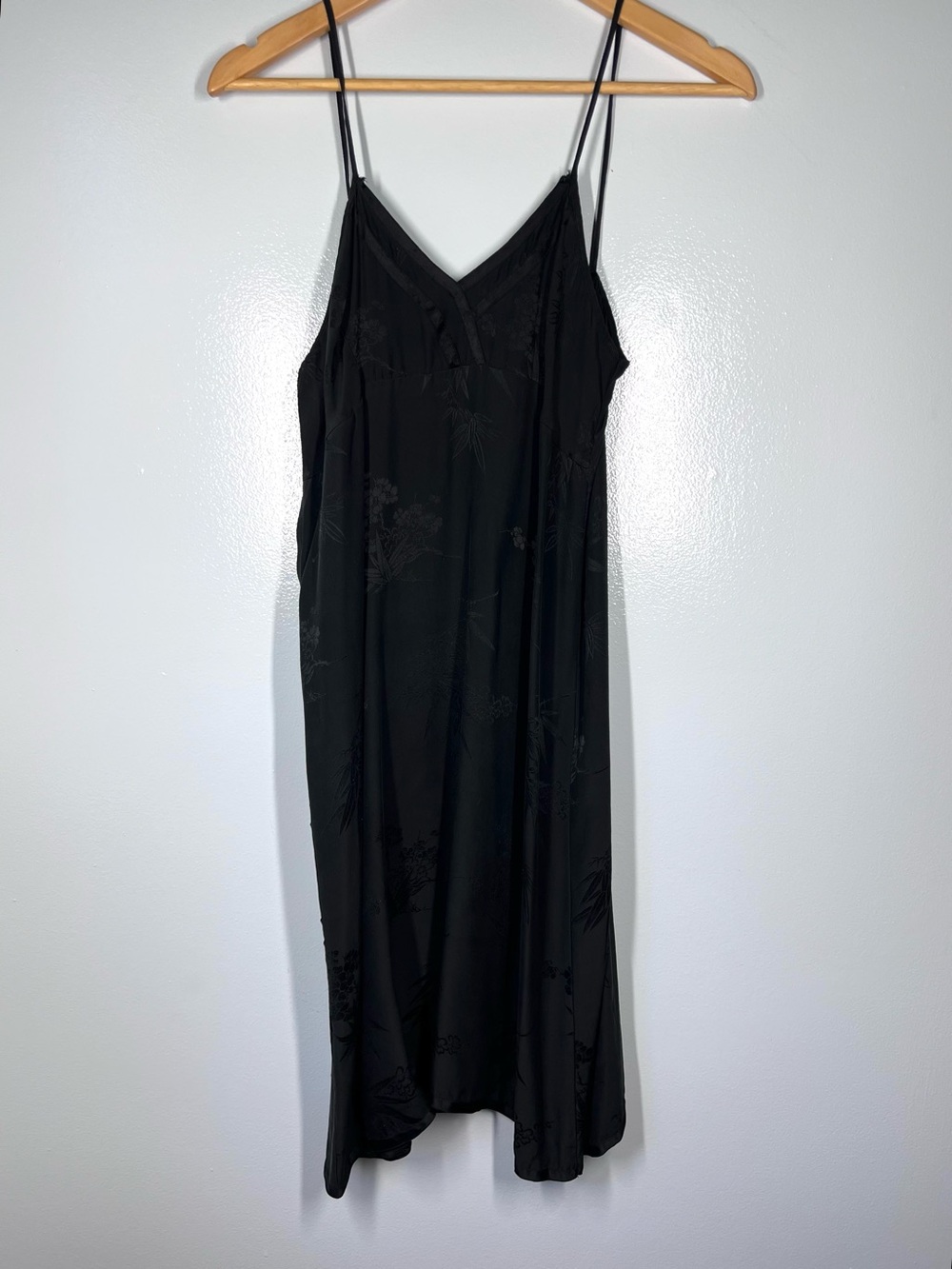 Minimalist Black 100% Silk Slip Dress with Subtle Floral Jacquard Vintage 90s